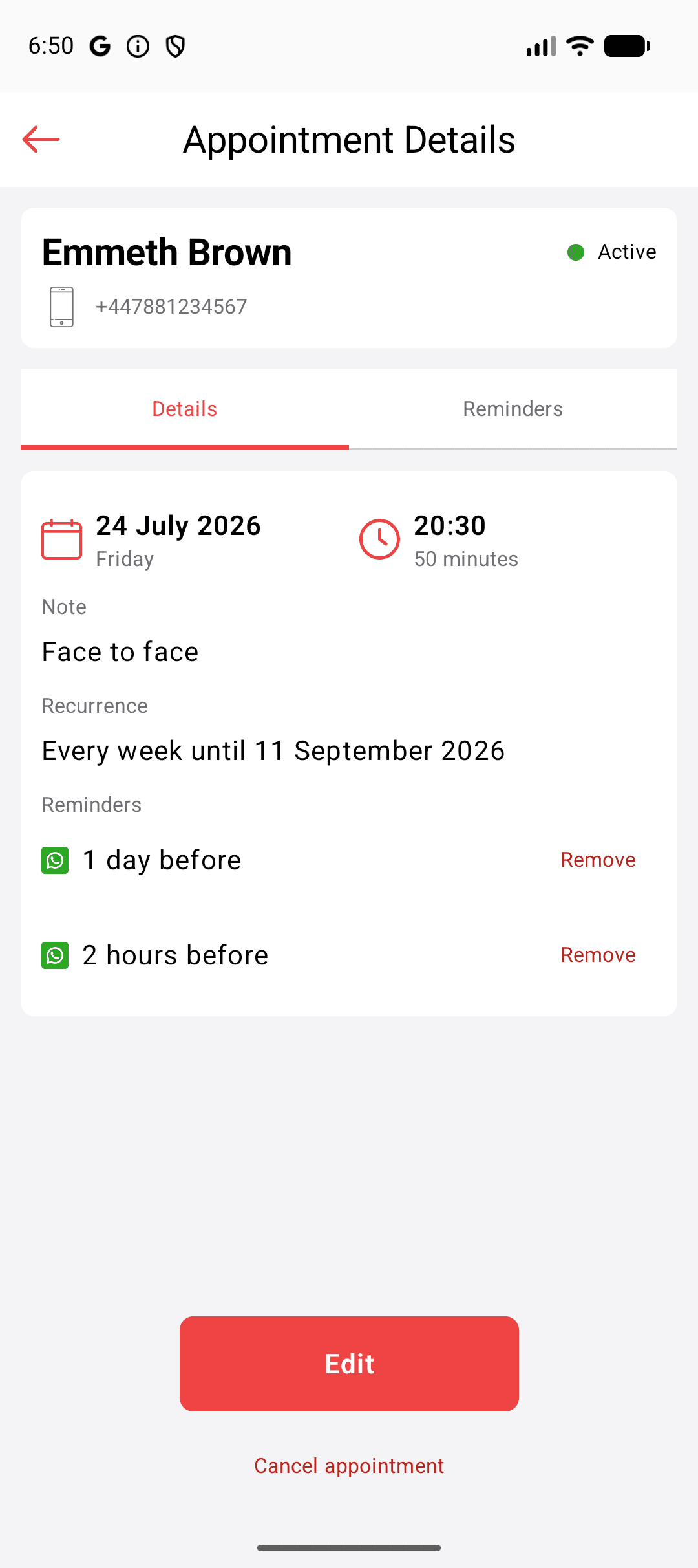 Appointment details and WhatsApp reminder information
