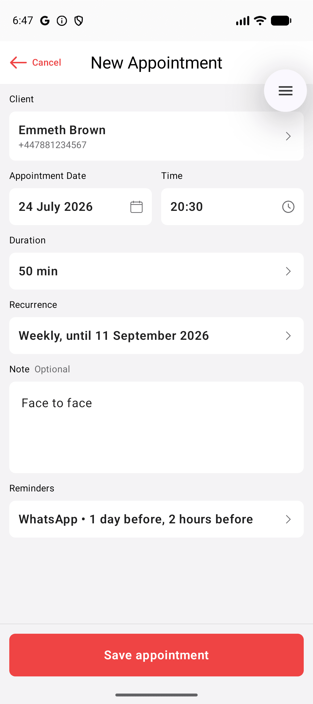 Creating a new appointment in Seneca Notify