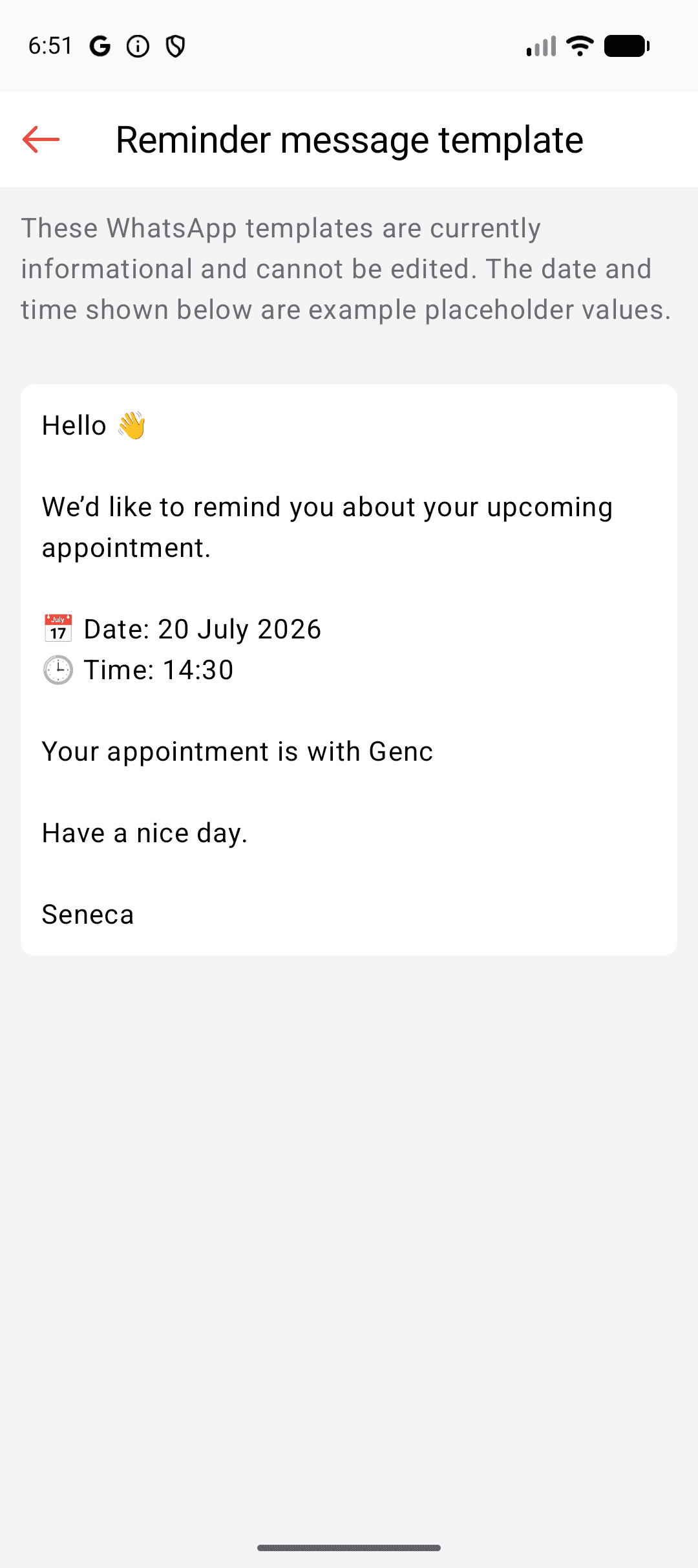 WhatsApp reminder template preview