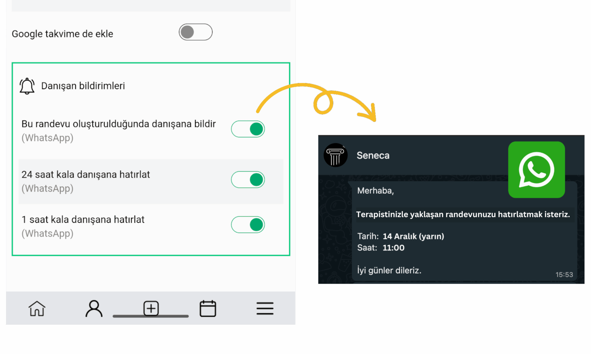 Seneca appointment notification on WhatsApp