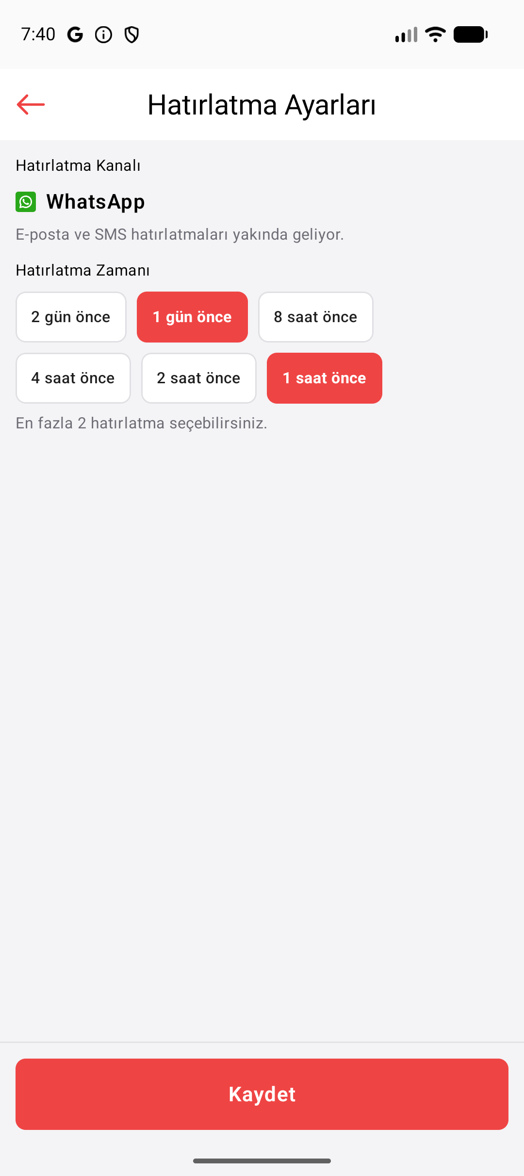 Seneca Notify randevu hatırlatması ayarları