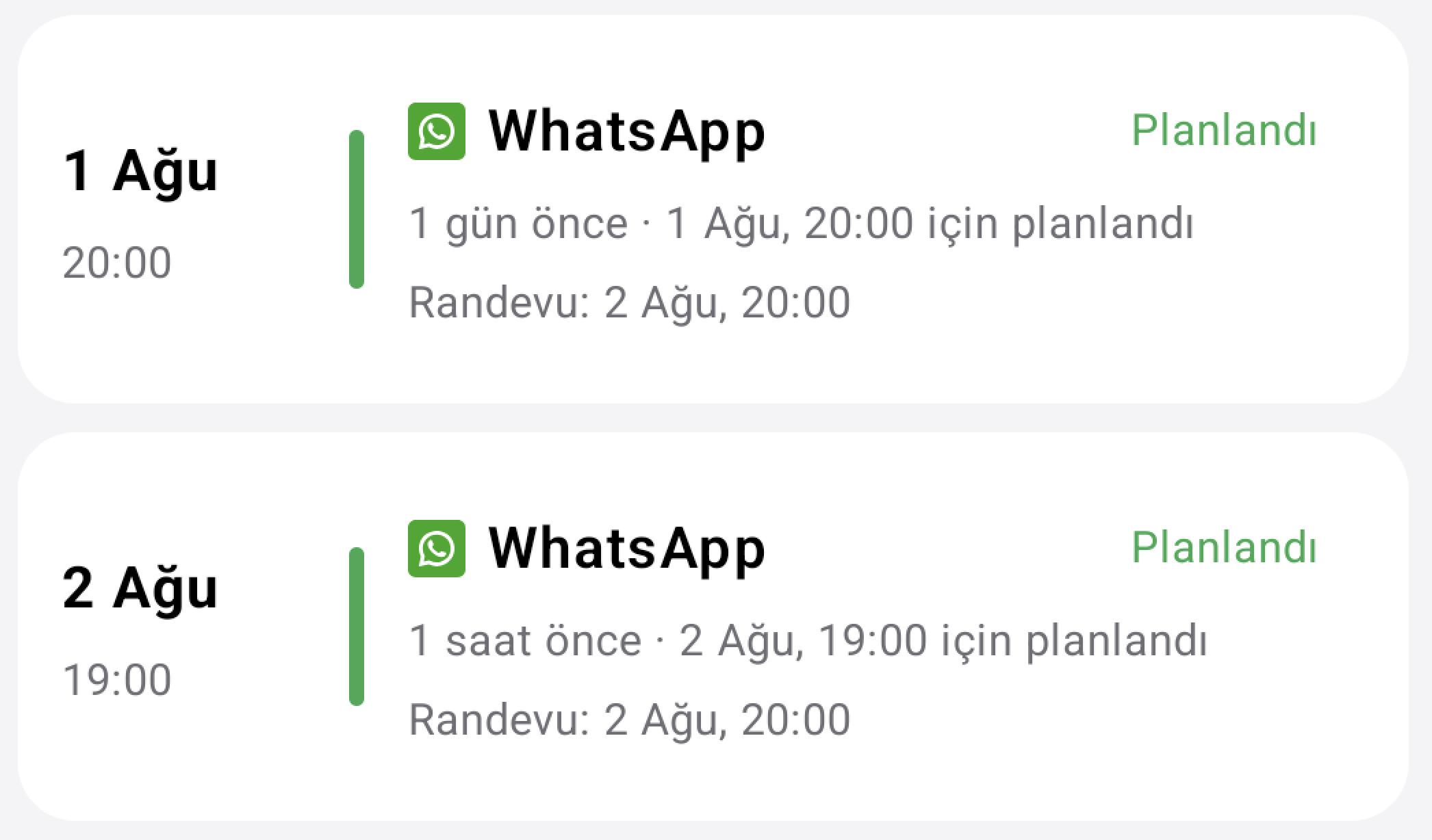 Seneca Notify uygulamasında planlanan ve iletilen WhatsApp randevu hatırlatmaları