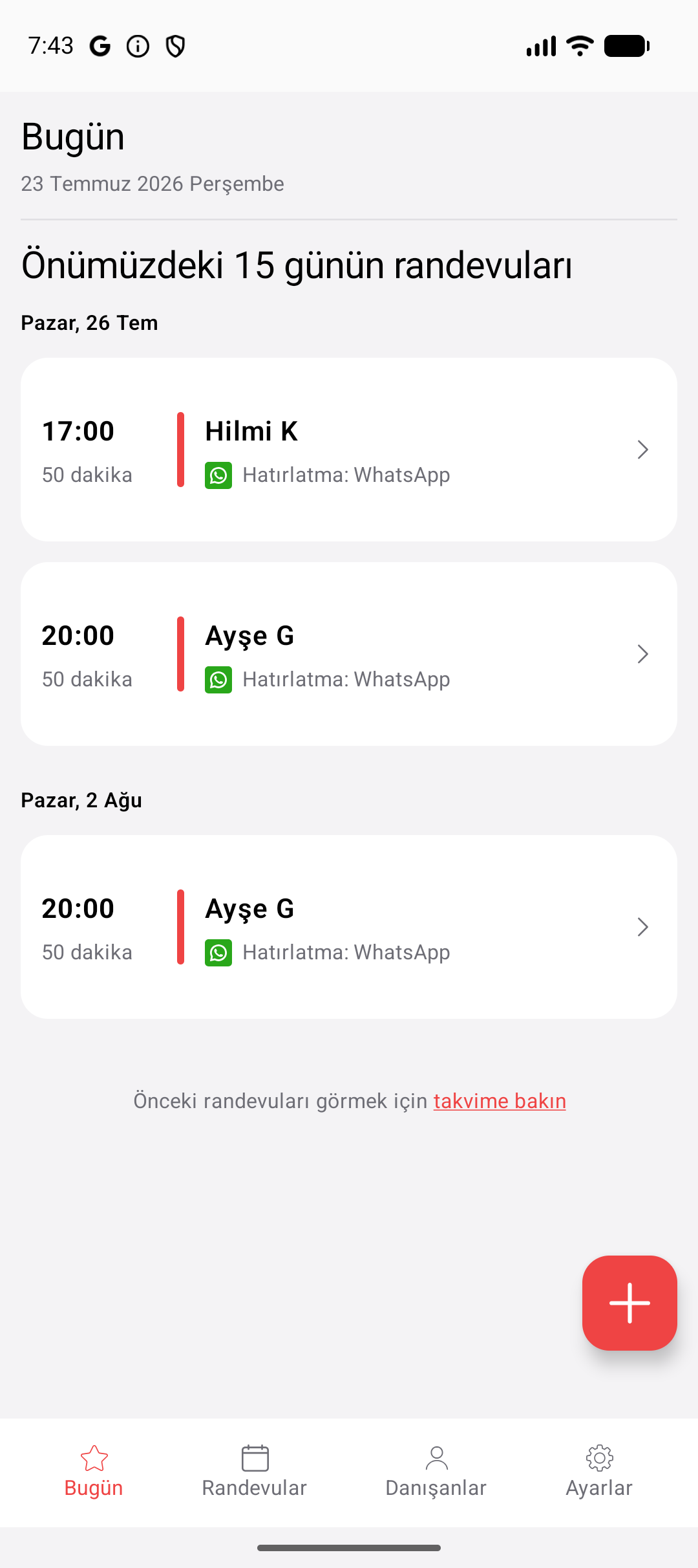 Seneca Notify bugünün randevuları ekranı